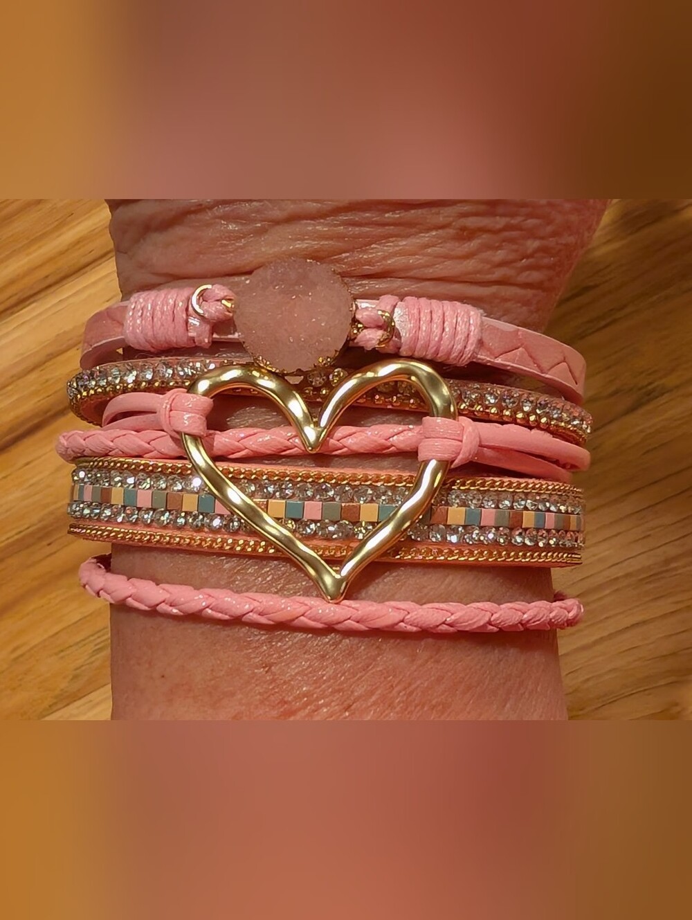 Gold Heart Pink Layered Bracelet With Magnetic Clasp